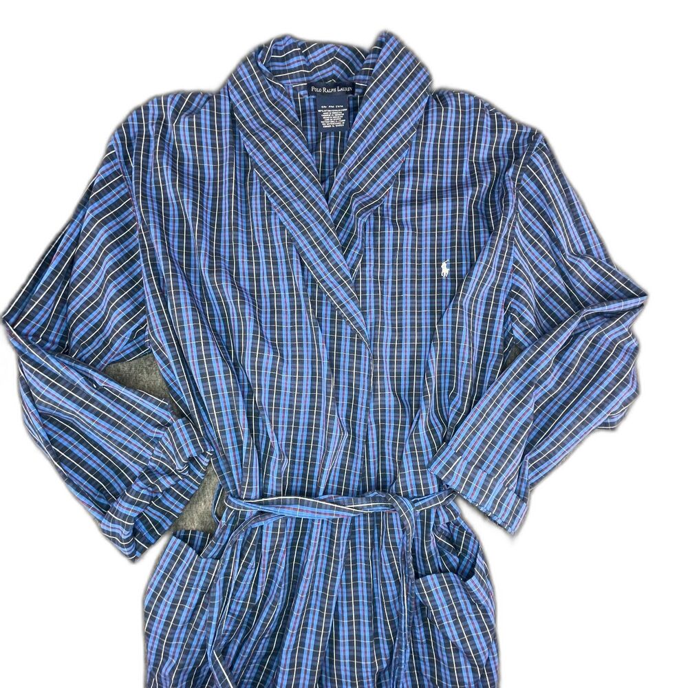 Polo Ralph Lauren Mens S/M Blue Striped Cotton Robe Lightweight Sleepwear Lounge